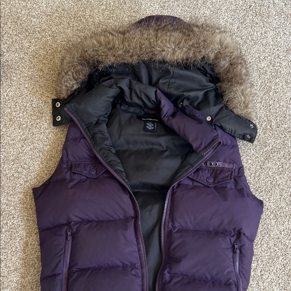 Calvin Klein Purple Puffer Vest with Faux Fur Hood